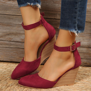 Women's wedge sandals 2023 spring and summer new suede hollow pointed toe strap high heel closed toe single-layer shoes in stock women's shoes
