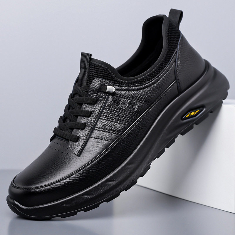 Giày lười nam da bò mũi tròn đế mềm chống trượt, giày da nam kiểu slip-on nhẹ thoáng khí — DT1805 Đen