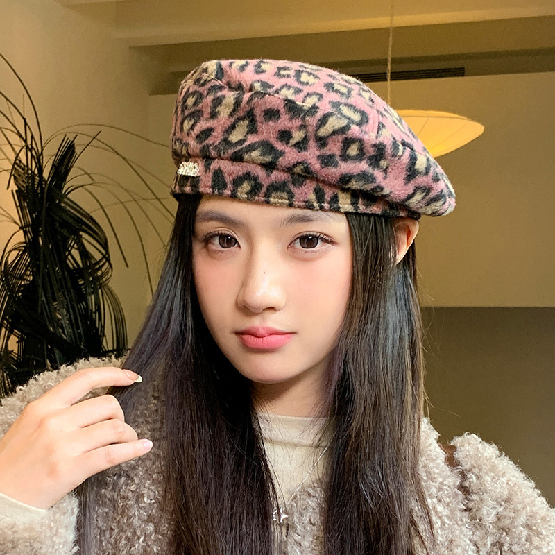 美式辣妹甜酷豹纹贝雷帽秋冬时尚百搭文艺复古画家帽个性休闲帽子|undefined