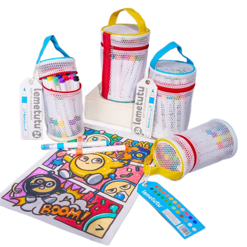 Portátil acrílico marcador conjunto de dibujo de niños cabeza suave opaco color plegable 24 colores 36 bolsas de red portátiles