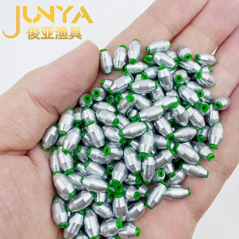 Hollow olive-shaped fishing sinker with plastic core and electroplated mirror finish, made of alloy carbon steel