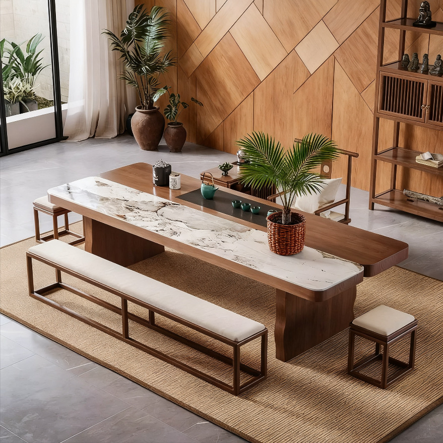 벤치 조합: 1.6 m 티 테이블 + 마스터 의자 + 사각형 의자 * 2 + 1.6 m 벤치