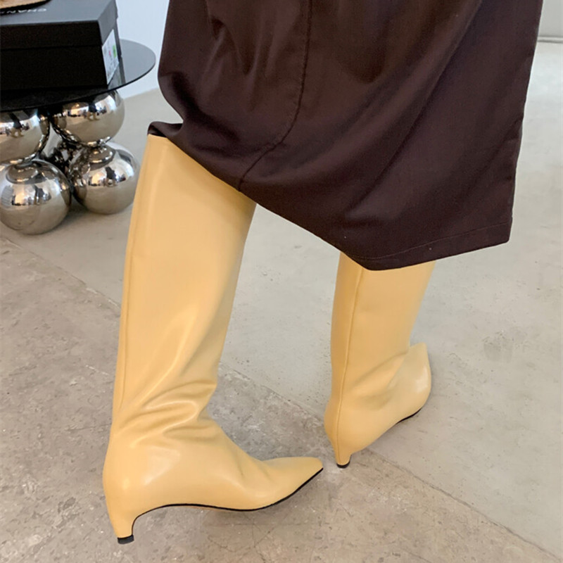 Cat heel pointed leather Knight boots Women's straight boots autumn and winter new solid color sleeve loose knee-high women's high boots