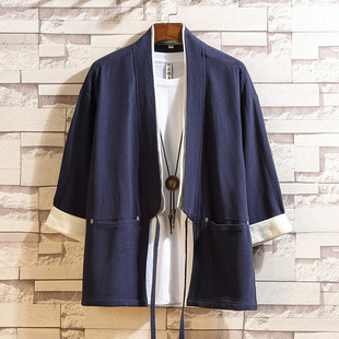 Chinese style men's linen 3/4 sleeve shirt vintage buckle Tang suit Hanfu Japanese cardigan loose robe coat