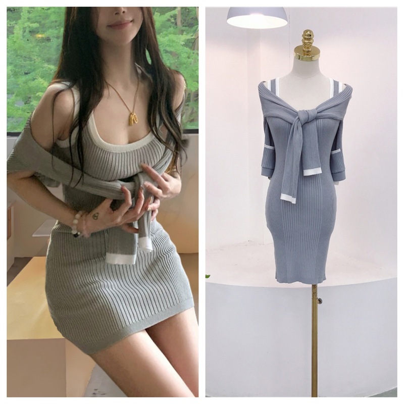 8152 拼色两件套秋冬季韩淑女气质方领收腰包臀吊带裙背心裙+开衫|undefined