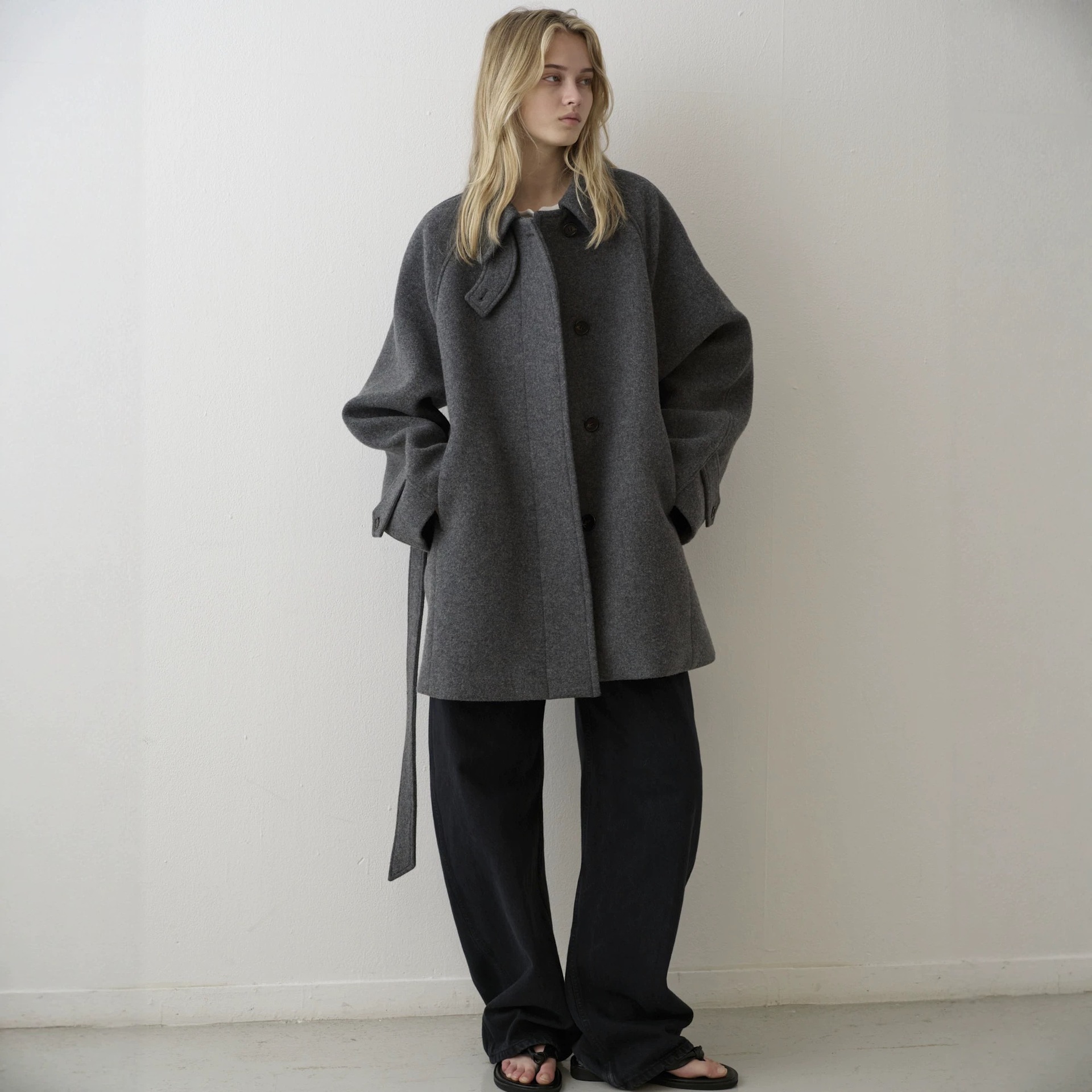 Fac*Depatt*Rn Stand Collar Lace-Up Wool Outwear for Women 25Ss Autumn and Winter Warm Korean Wide Version Woolen Outwear