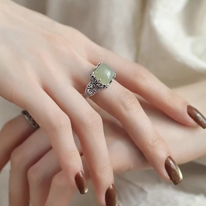 Vintage Chinese Style Hetian Jade Copper Coin Ring Adjustable_voghion.com