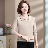 2025年新款中老年女裝針織衫純色翻領(lǐng)T恤年輕媽媽裝毛衣秋冬打底，女裝針織衫/毛衣，妃慕昵服飾