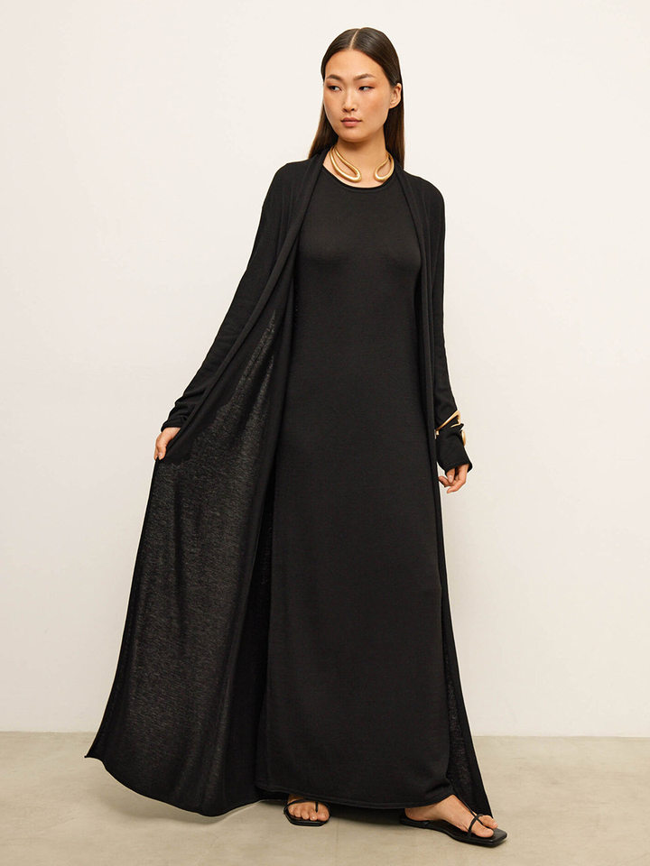 Bộ đầm dài kèm áo cardigan dệt kim dài tay nữ — Màu cà phê đậm, Màu hồng, Màu trắng, Màu xám chi tiết 81