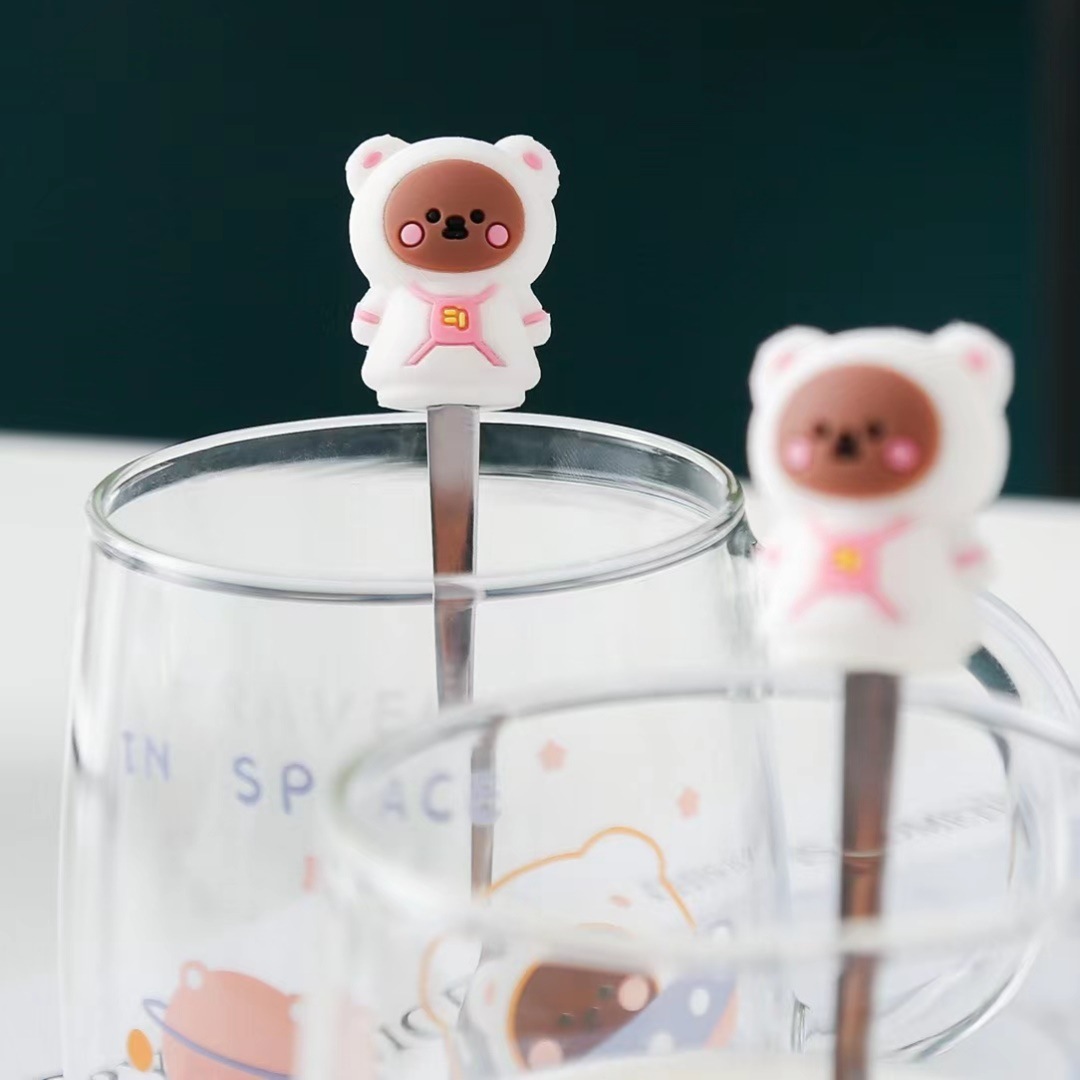 Lindo oso astronauta taza planeta personalidad vidrio Shake taza con tapa cuchara taza de café