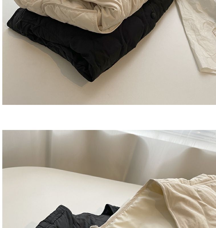 Collarless lamb wool splicing light and thin winter Korean version loose small fragrant dia plaid warm cotton jacket_voghion.com