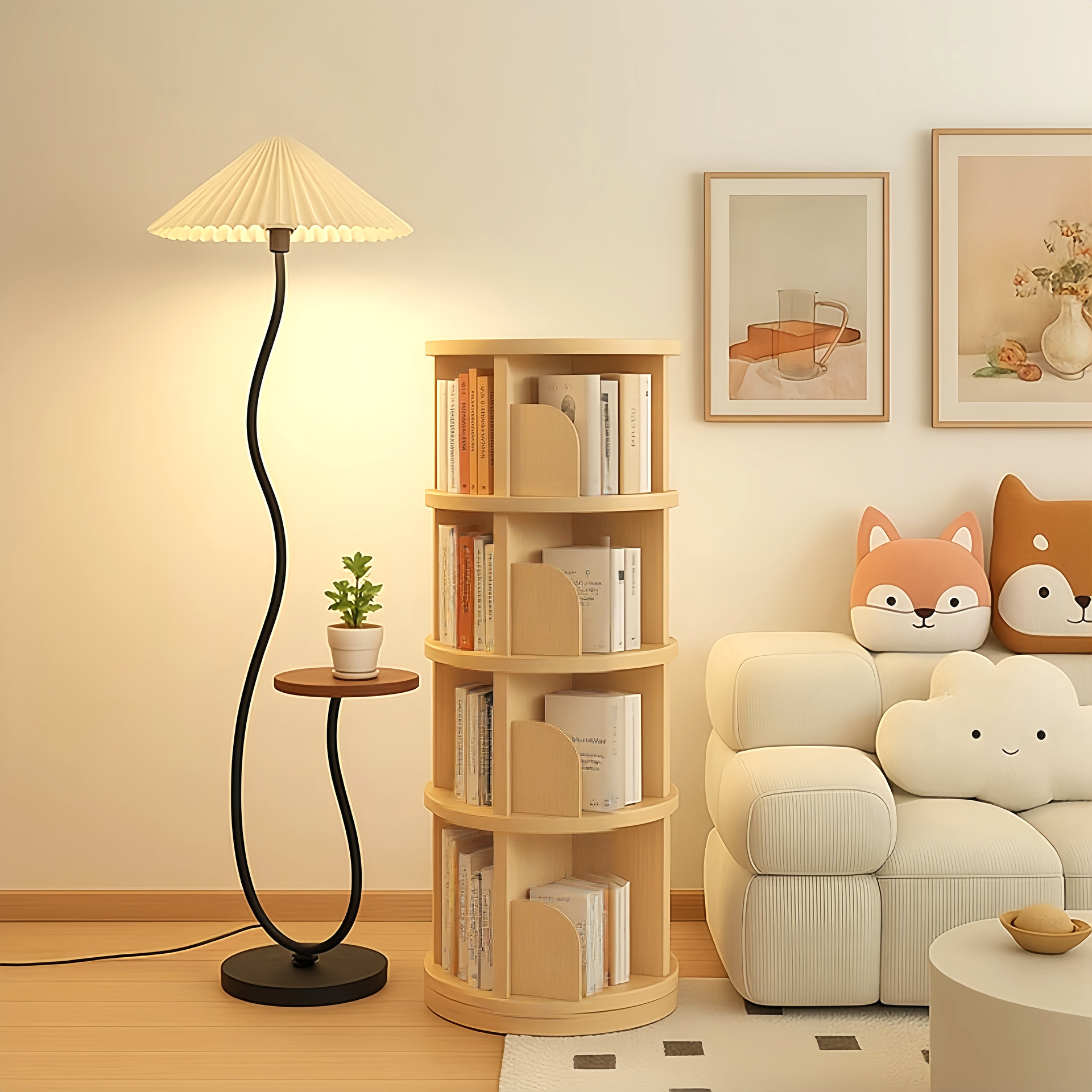 Rotating bookshelf from natural wood, round multilayer book with pictures, bookcase