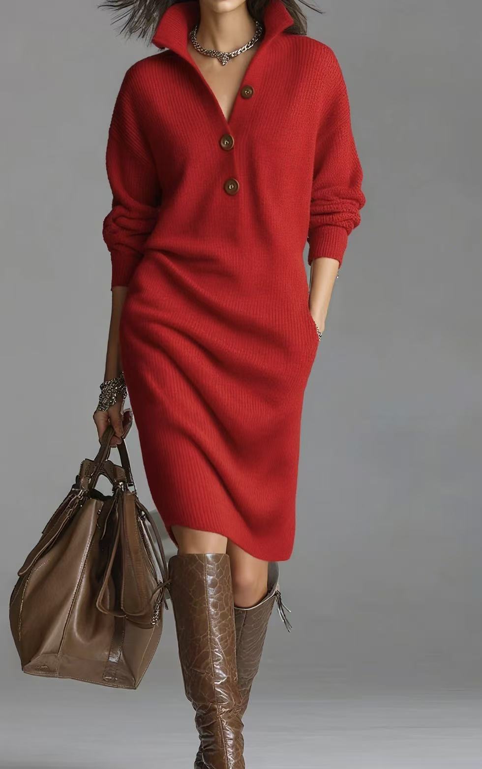 Robe pull en maille boutonnée femme robe casual mi-longue automne_voghion.com