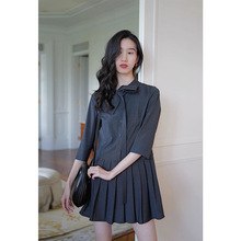 文九早秋高智麻感气质飘带领长袖连衣裙压褶通勤显瘦衬衫裙女9319