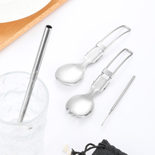 Stainless steel foldable tableware, outdoor portable steel wire knife and fork, round spoon, salad spoon, detachable chopsticks, telescopic straw