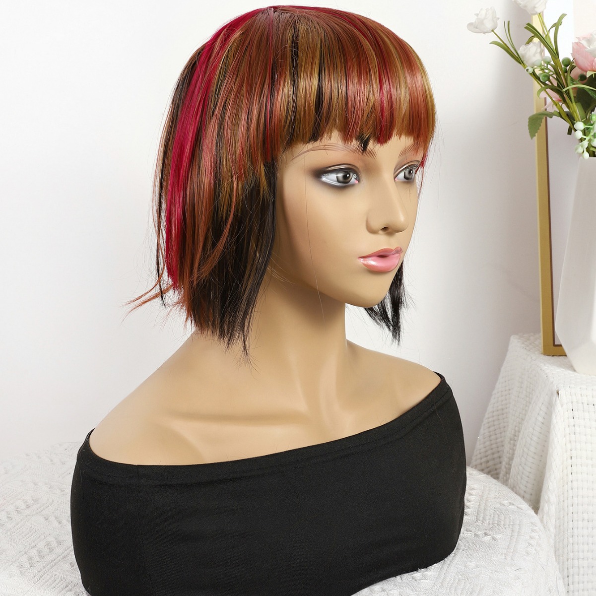 Transfronterizo nuevo marrón-rojo mezcla gradiente largo recto 12 pulgadas sin encaje pelucas europeas y brasileñas