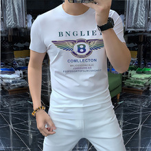 欧洲站2023夏季新款烫钻印花宾利修身男短袖t恤绿色体恤批发直播