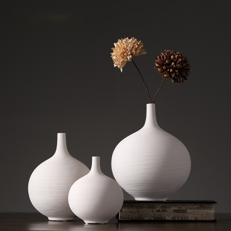 Jarrón de cerámica blanca nórdica boca fina decoración redonda sala de estar arreglo de flores decoración de flores secas estilo silencioso decoración del arte