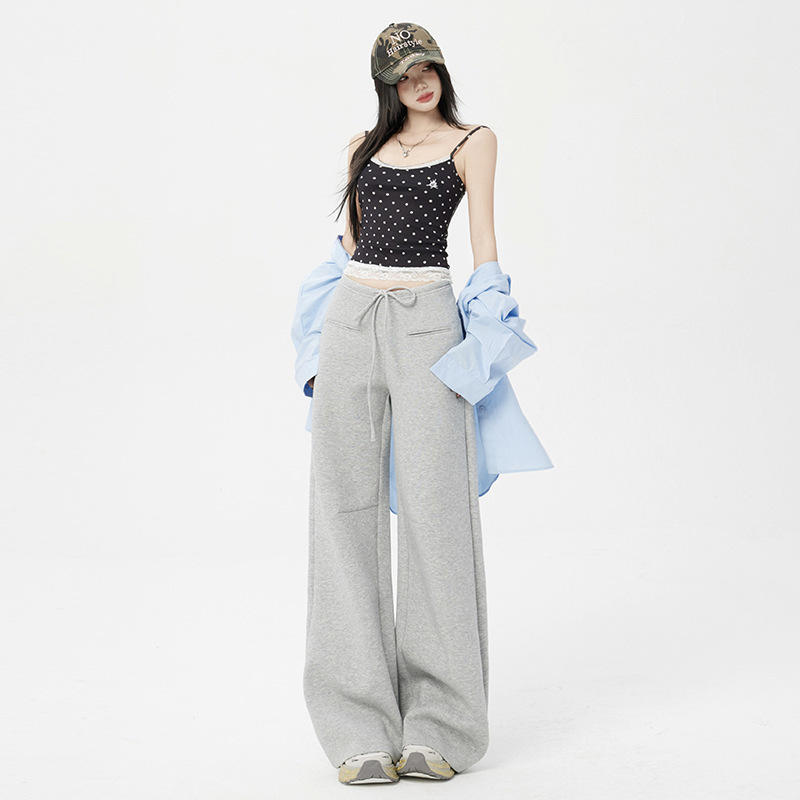 Orange Silk Women's Clothing# Spring Lazy Style Drawstring Strap Wide Leg Pants High Waist Basic Micro-sports Casual Pants for Women