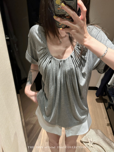 200g Cotton Pleated U-Neck Regular Shoulder Short-Sleeve Women's Han Style High-End Versatile Loose Slimming Top