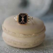 新款黑瑪瑙 珍珠復古宮廷印章開口戒指女鍍黃金色氣質可調節戒指