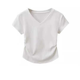 短袖T恤女褶皱V领光板空白版 后包领220克夏季可外穿修身打底衫