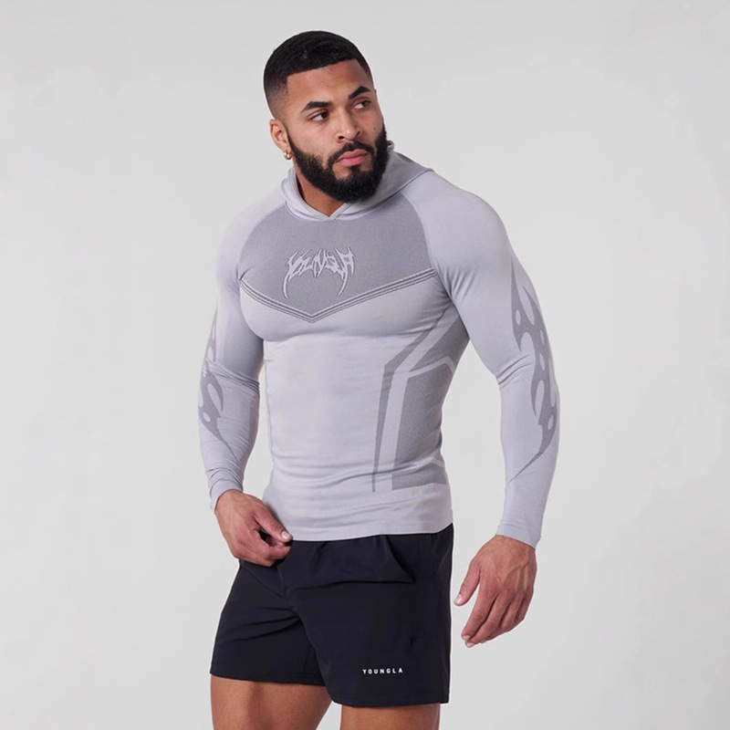 Cross-Border American New Men's Tight-Fitting T-Shirt Jogger Sports Fitness Running Training Quick-Drying Hooded Long Sleeves