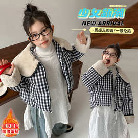 女童棉衣外套秋冬装新款女孩中大童格子棉服儿童毛领短款保暖棉袄