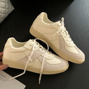 Retro Moral Training Shoes for Women 2025 New Versatile Soft-Soled Casual Sports Shoes Color-Blocked Genuine Leather White Shoes Flats Shoes