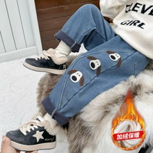 女童加绒牛仔裤秋冬儿童韩版加厚一体绒长裤女孩卡通保暖老爹裤