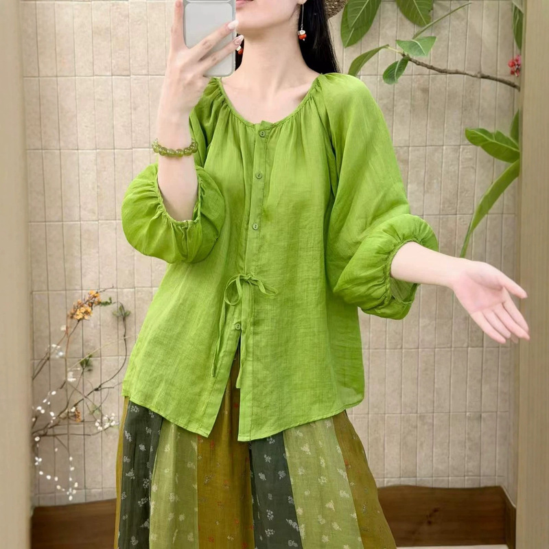 2026 Summer New Vintage Artistic Pure Ramie Loose Round Neck Tie Single-Breasted Three-Quarter Sleeve Women's Shirt 2026 Summer New Vintage Artistic Pure Ramie Loose Round Neck Tie Single-Breasted Three-Quarter Sleeve Women's Shirt