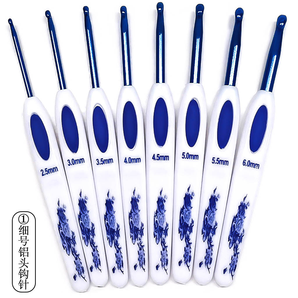 Herramientas de tejer nuevo suéter aguja mango de plástico azul y blanco mango de porcelana de aluminio crochet conjunto de 8 unidades