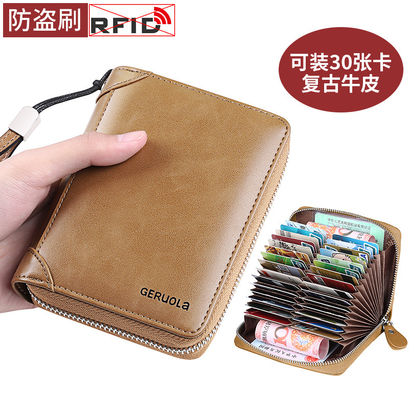 Geruola Leather Factory Card Bag para hombres Cremallera de gran capacidad Caja de tarjetas de cuero con múltiples posiciones Almacenamiento de 30 posiciones para hombres