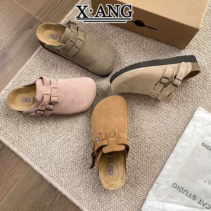 Женские полуботинки-шлепанцы из натуральной кожи в стиле Birkenstock для улицы, новая модель 2025 года, на толстой подошве, без каблука, с пробковой подошвой.