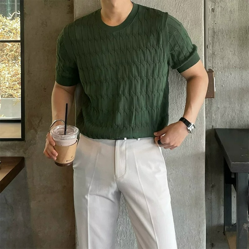 Herren-Poloshirt in schmaler Passform, koreanischer Stil, einfarbig, lässiges Kurzarm-Top, trendiges Strickoberteil für den Sommer_voghion.com