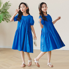 新款蝴蝶結藍色連衣裙童裝女童短袖連衣裙夏款裙韓版兒童連衣裙