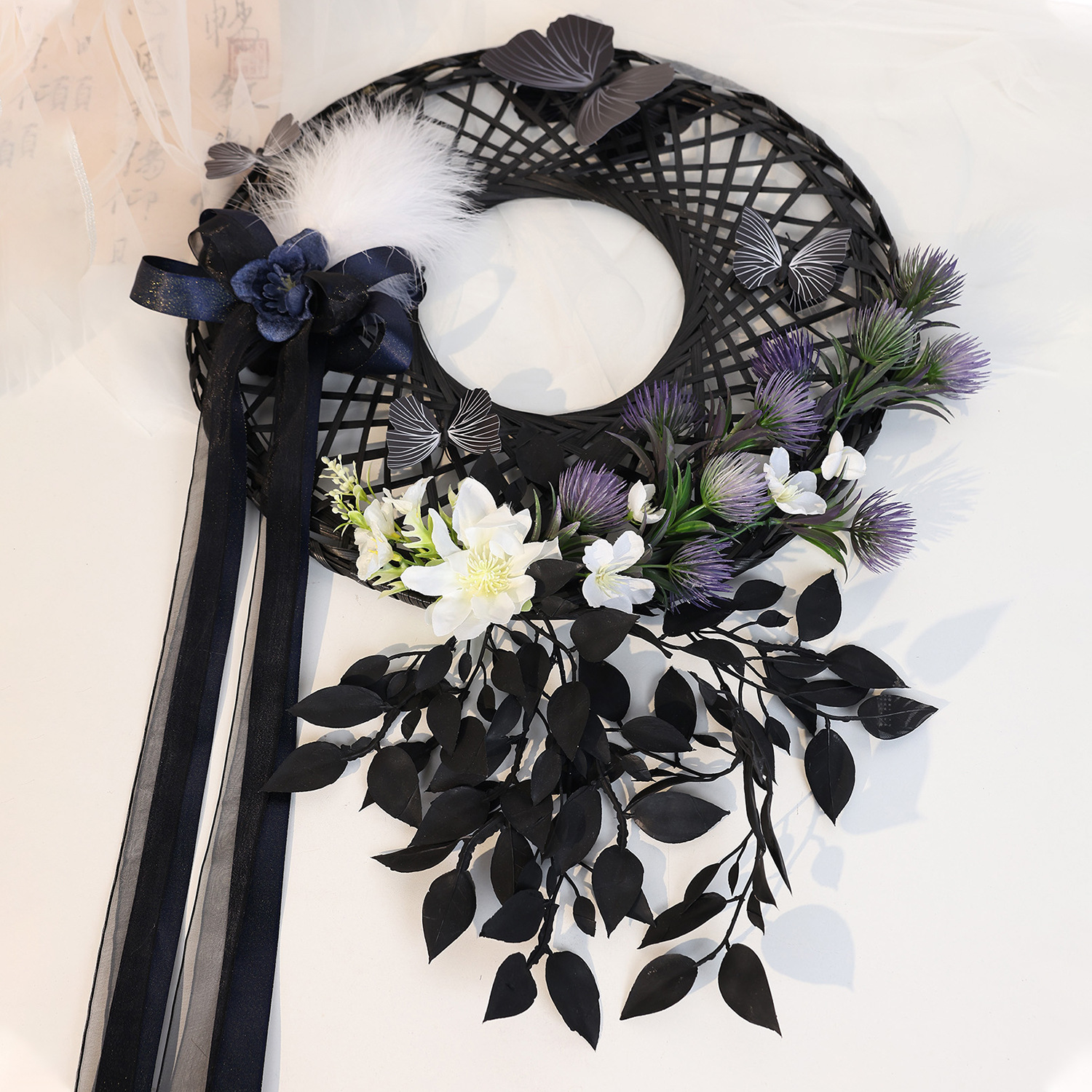 Chinese-Style Black Bamboo Hat with Long Tassels and Bow, New Chinese-Style Photo Prop, Atmospheric Accessory for Ancient-Style Photos