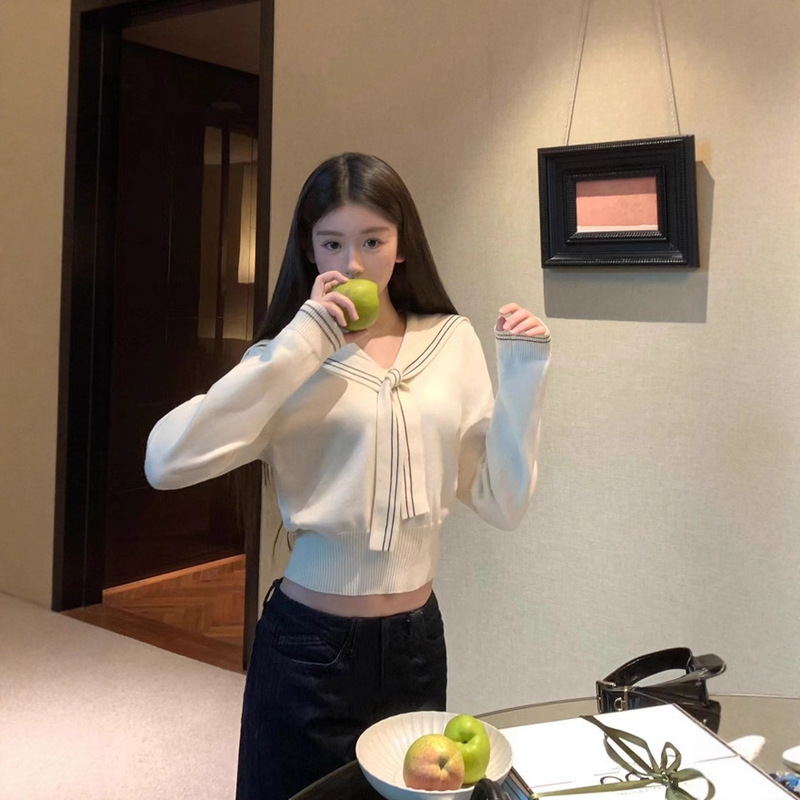 Early Autumn New Sweater Top Niche Trendy Navy Collar Shawl Slim Short Inner Knitted Sweater for Women