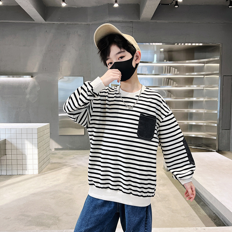 Abbigliamento per bambini, felpa con cappuccio, nuovo articolo primavera autunno 2024, versione coreana di taglia media e grande, tasca a righe, stile occidentale_voghion.com
