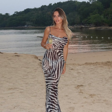 YJ25186跨境吊带斑马纹印花露背绑带连衣裙 2025夏季新款包臀长裙