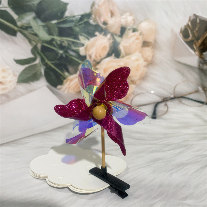 더블 로즈 레드 여섯 잎 풍차 머리핀