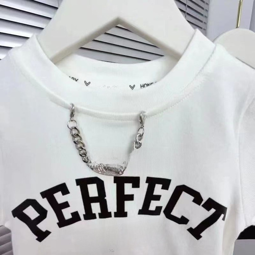 Summer Girls Short Sleeve T-Shirt Baby Chic Children's Personality Trendy Brand Korean Style Letter Chain Hong Kong Style Fashionable Top 