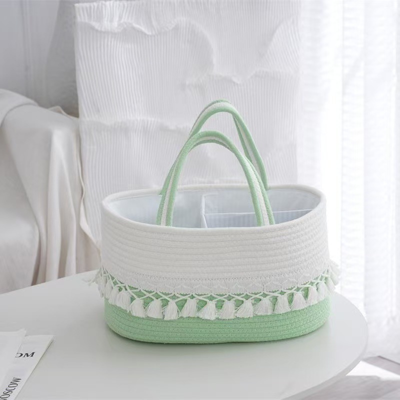 Cesta de pañales para bebés Cesta de almacenamiento de juguetes Cesta de almacenamiento Cesta de mano con borlas Cesta de mano tejida a mano Rejilla extraíble y portátil