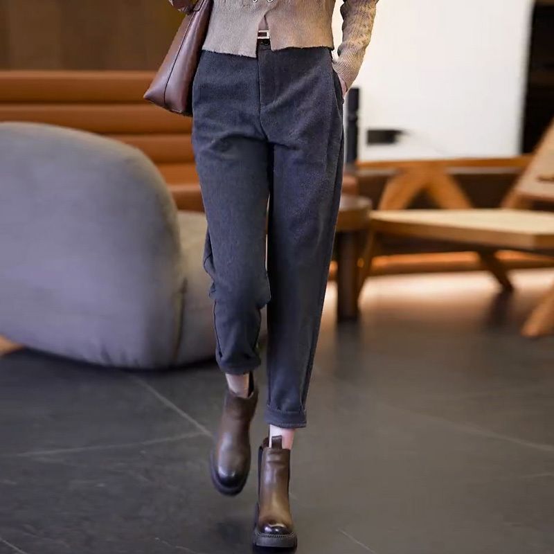 咖色毛呢裤九分裤女秋冬高腰哈伦裤子2025新款休闲西装烟管裤子|undefined