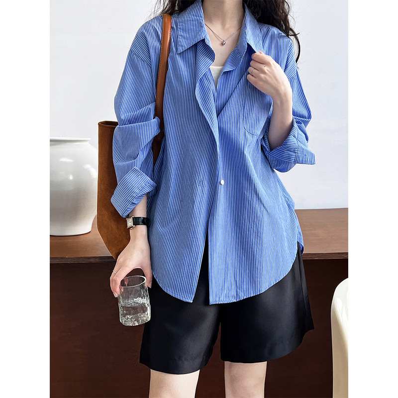 Luxi Hong Kong Style Striped Shirt for Women, Spring Season, Casual Loose Fit, Salt-Style Outerwear, Drop Shoulder Sleeve Shirt Jacket 7059 Luxi Hong Kong Style Striped Shirt for Women, Spring Season, Casual Loose Fit, Salt-Style Outerwear, Drop Shoulder Sleeve Shirt Jacket 7059