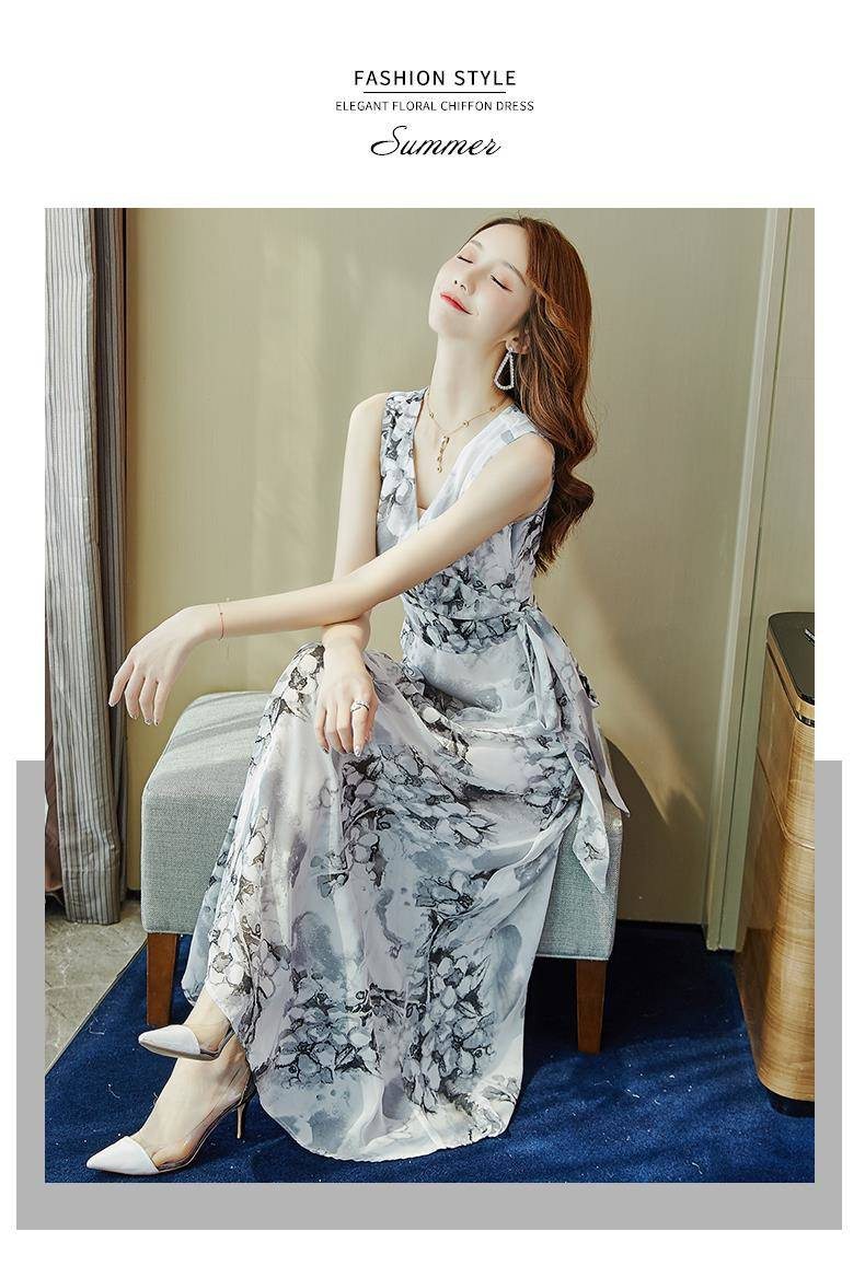 Bohemian Long Women Summer 2024 New Waist Tie Slimming Beach Vacation Chiffon Dress_ecoleips.com
