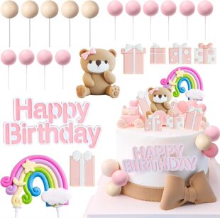 23 New Pink Bow Bear Rainbow Cake Decoration Girl's Birthday Party Cubs Cake Decoration