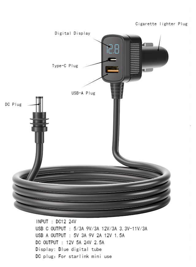Amazon's Popular Fourth Generation Mini Digital Display Car Charger Waterproof Power Cord Charger Multi-Function Three-In-One Car Charger