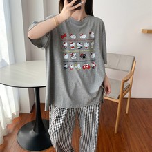 日系短袖睡衣女甜美可爱kt猫咪家居服大码胖mm200斤格子长裤套装