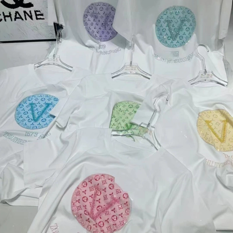 2025 Летняя тяжелая промышленность с горячими бриллиантами букв с короткими рукавами на плече футболка женская повседневная дикая куртка